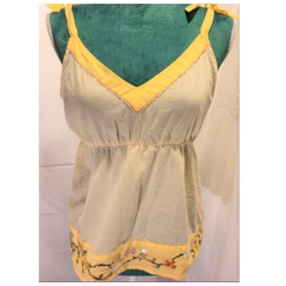 Anthropologie Odille Floral Embroidered Hem Yellow Tank Medium